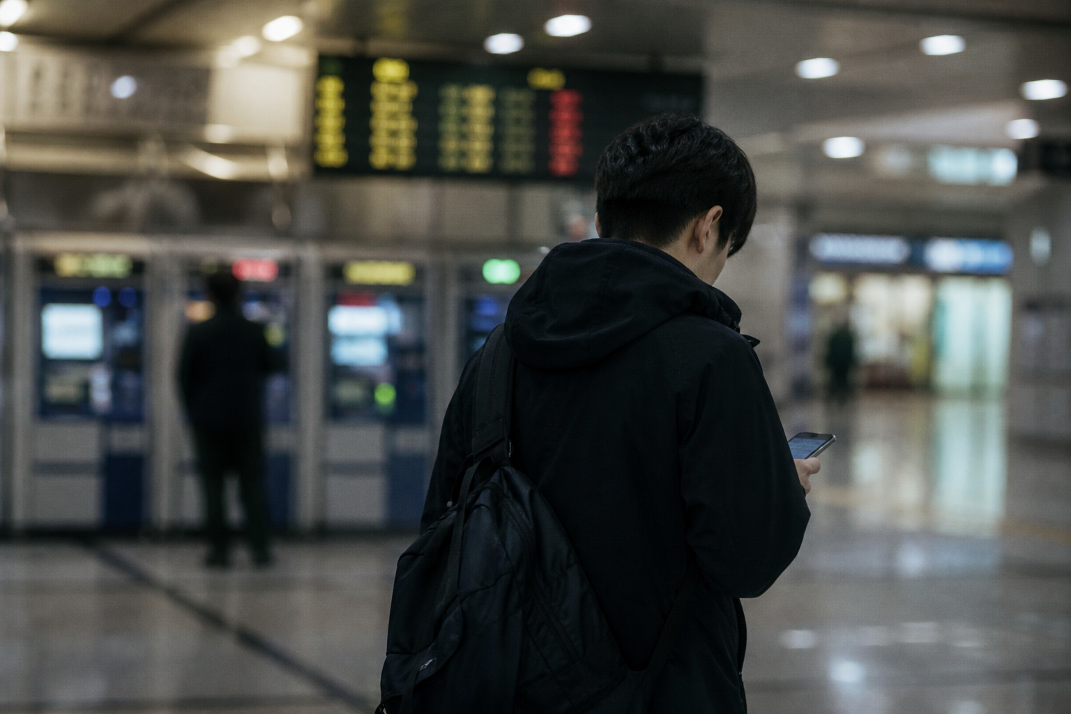 기차역 매표 구역에서 휴대폰을 보는 통근객